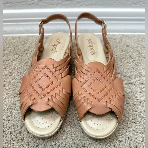 SOFTSPOTS | Leather Slingback Sandals Tan Woven Comfort Flats | Women’s 8N - Picture 4 of 8